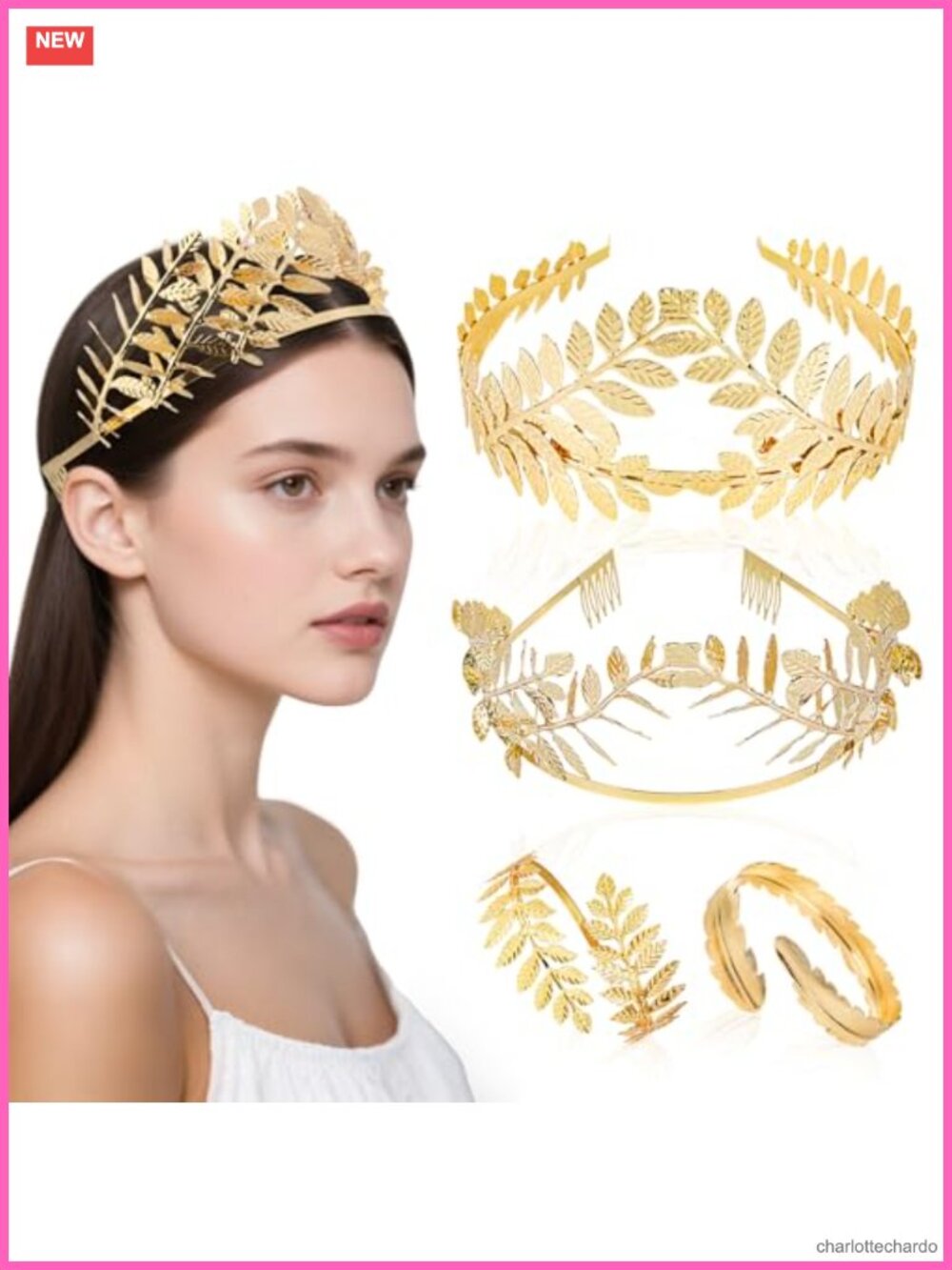 4Pc Gold Metal Leaf Crown Arm Cuff Set Adjustable Greek Goddess Costume